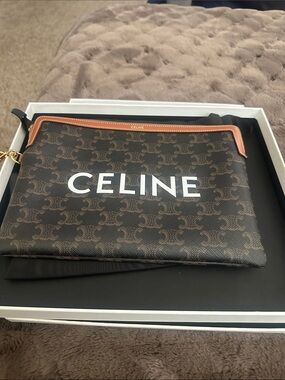 Celine Brown Triomphe Canvas Pouch with Tan Trim
